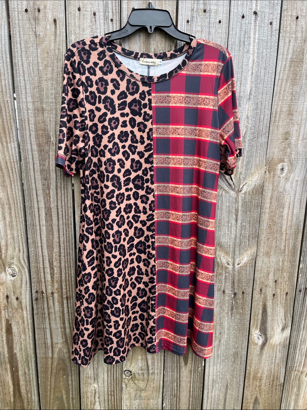 Mixed Print Short Sleeve Dress - Leopard and Red Plaid